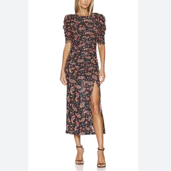 Free People Briella Midi Dress Twilight Combo Ruched Shirred Mesh Black Size XS - Picture 1 of 13